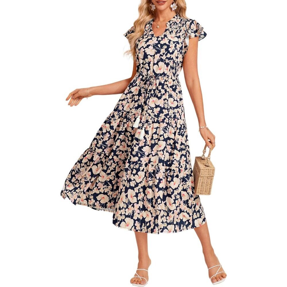 Womens Floral Midi Dress Cotton Short Sleeve Beach Wedding Guest Dress